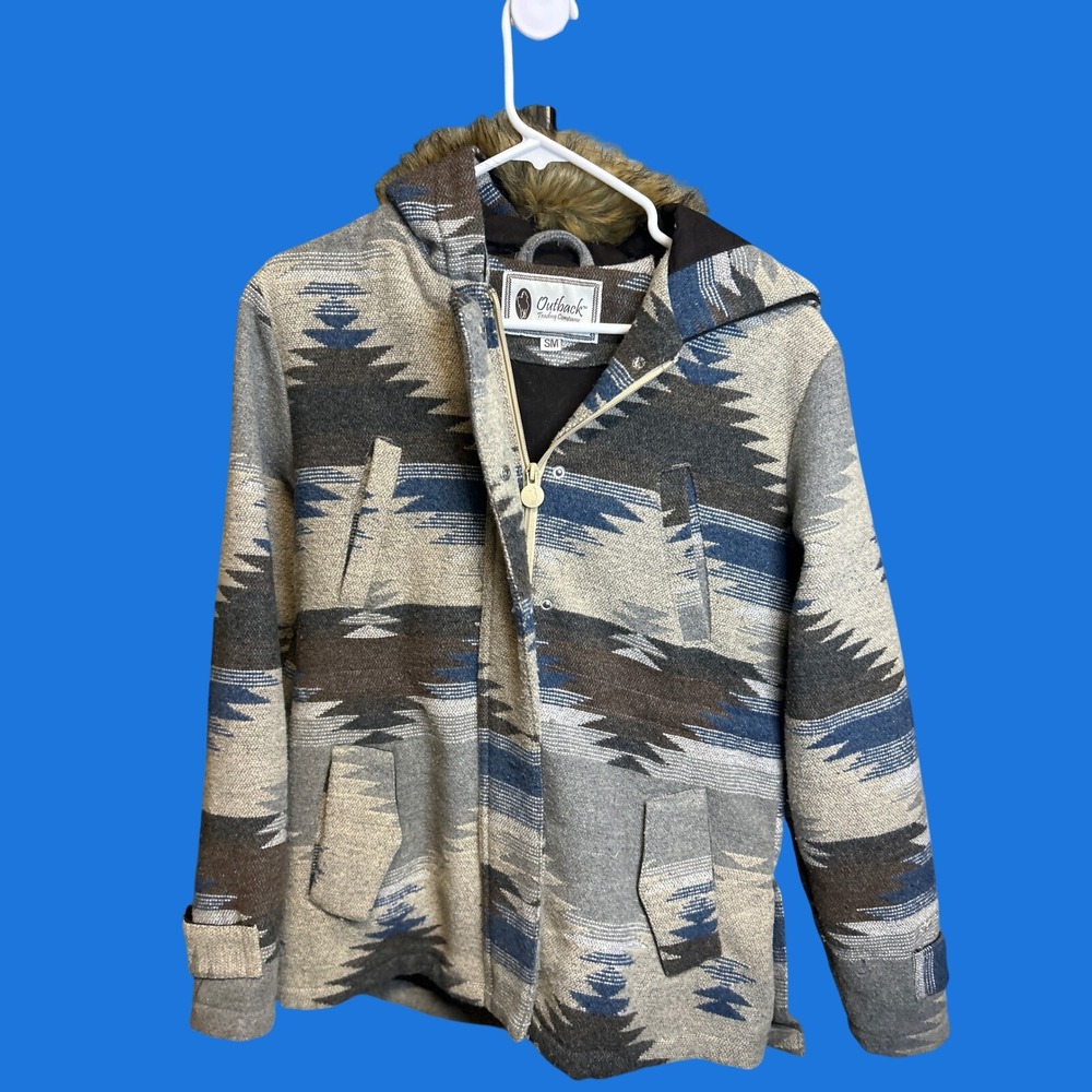 Outback Trading Co Jacket Womens SM Gray Myra Southwestern Aztec Hooded Fur